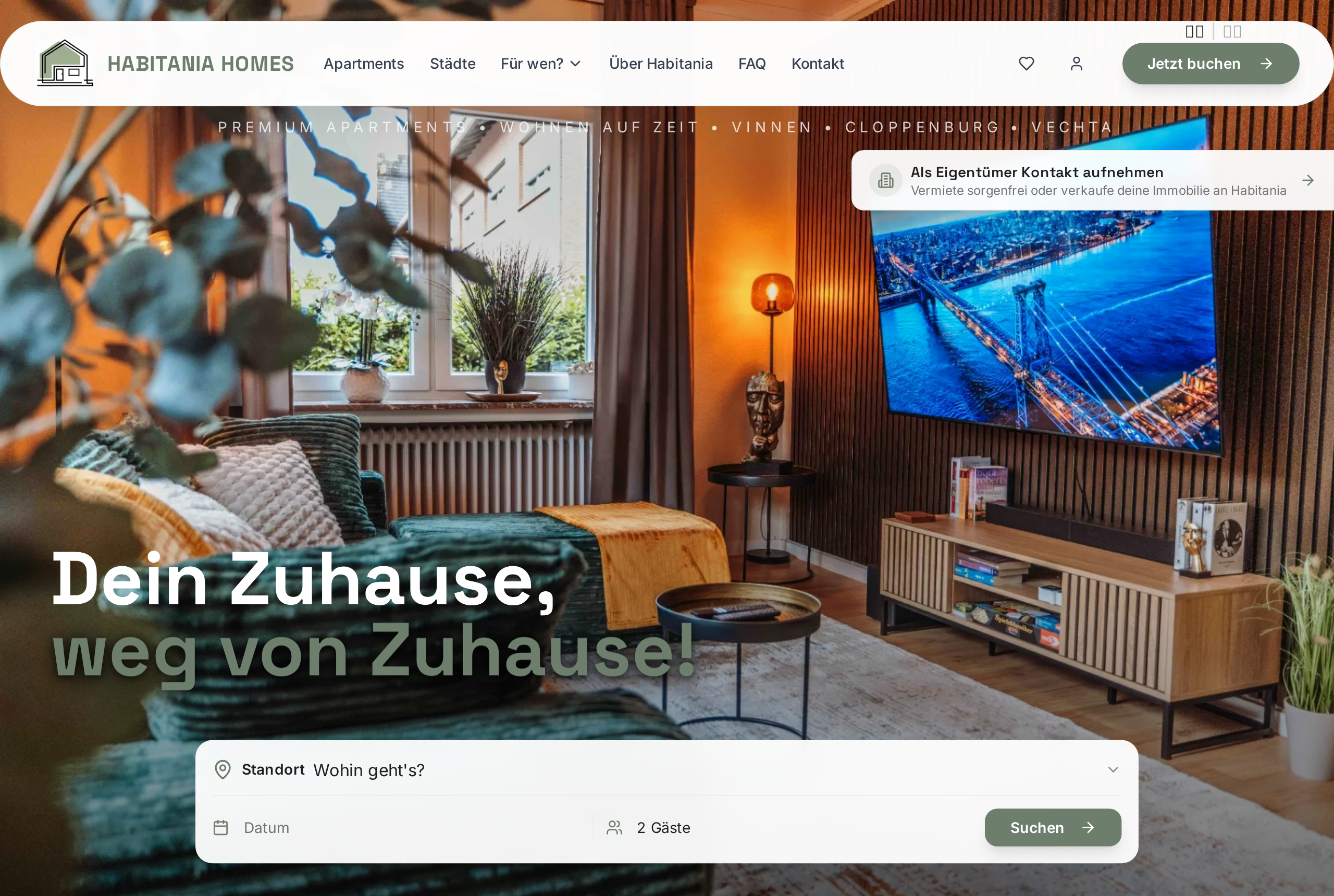 Startseite einer Host-Buchungswebsite mit Hero und Suche