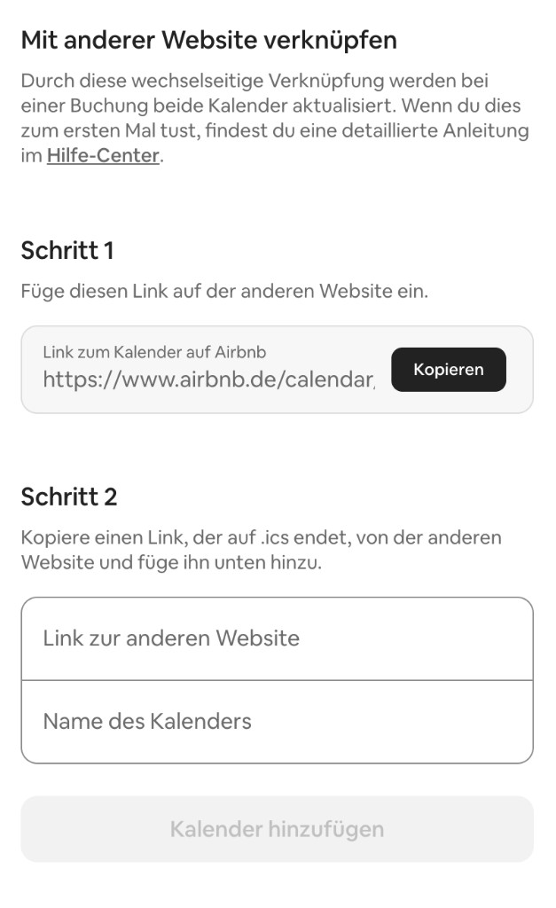 Airbnb: Kalender mit anderer Website verknüpfen — Export-Link und Import-Felder