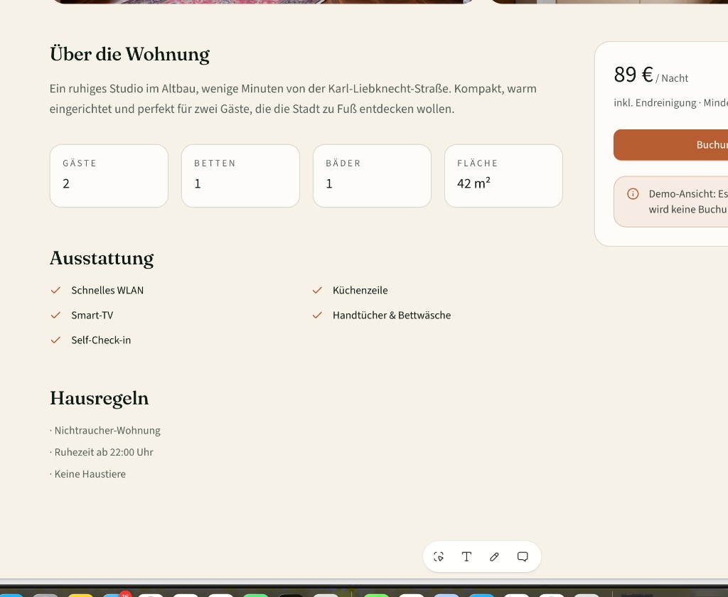 Detailseite mit Beschreibung, Kapazität, Ausstattung und Hausregeln